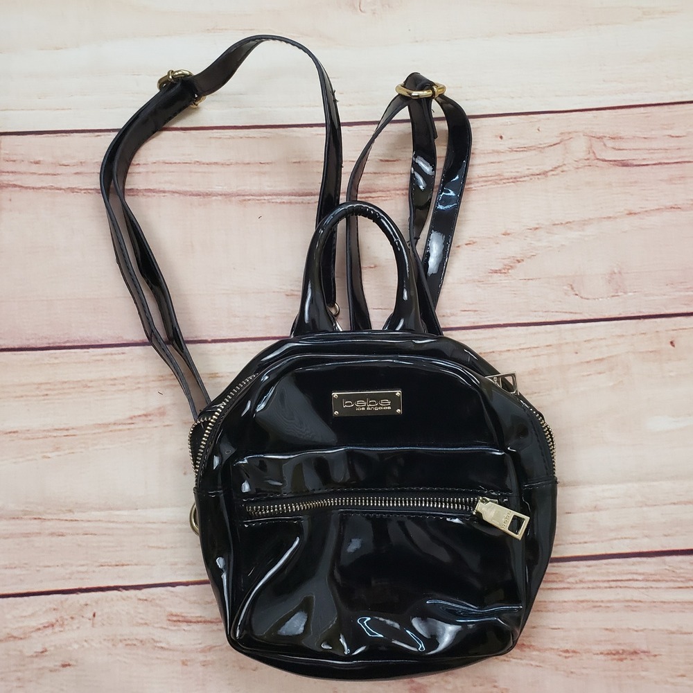 Bebe Mini Backpack Black Patent‎ Gold Hardware Convertible Crossbody Broken Zip*